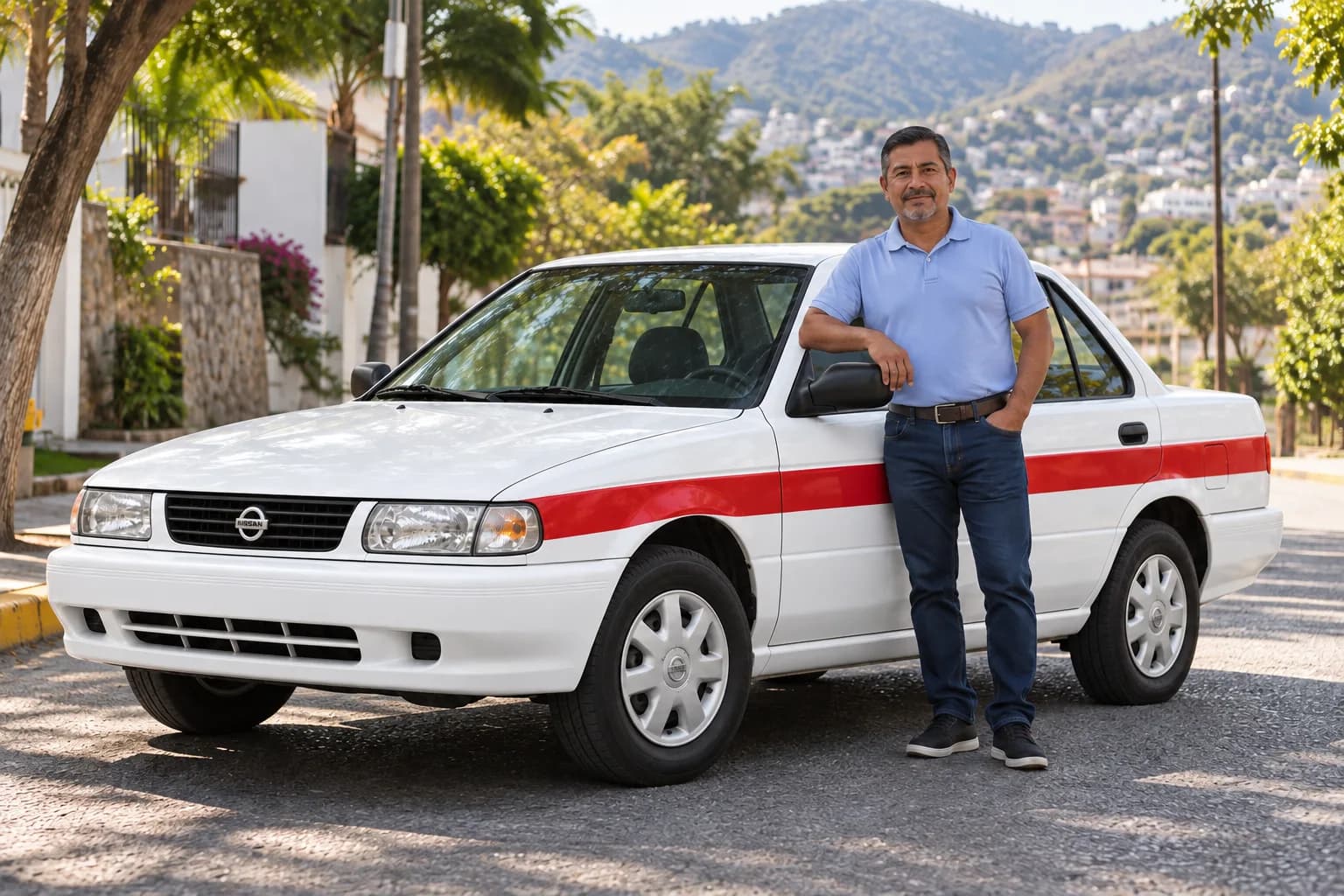 Conductor junto a su taxi blanco con franja roja
