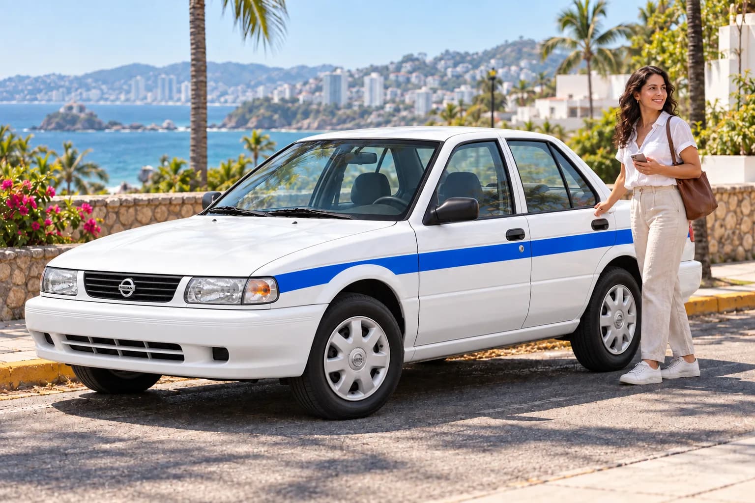 Pasajera junto a un taxi blanco con franja azul, frente a la costa de Acapulco