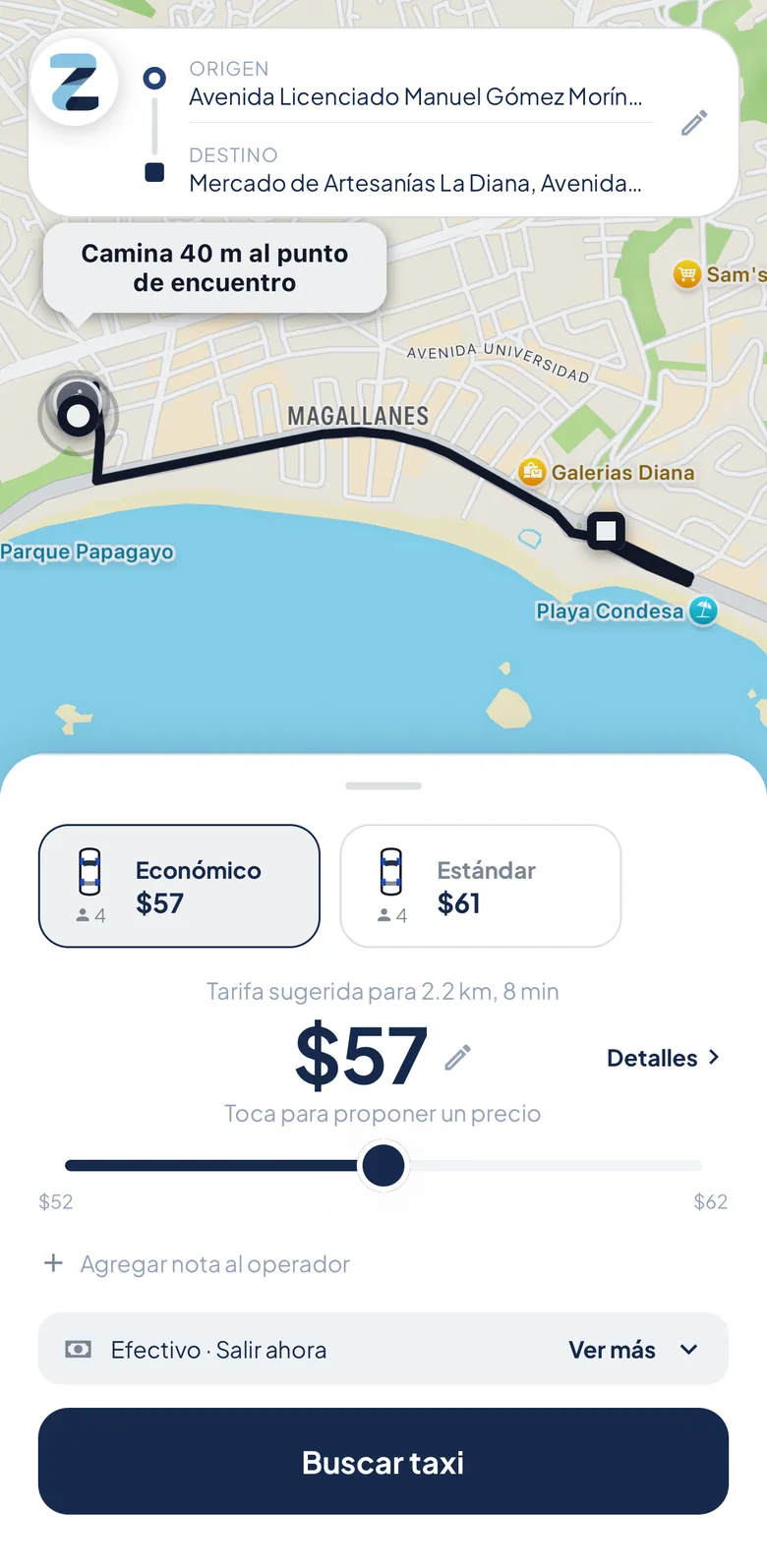 Pantalla de la app: las clases de servicio con su precio y la tarifa sugerida, lista para proponer la tuya